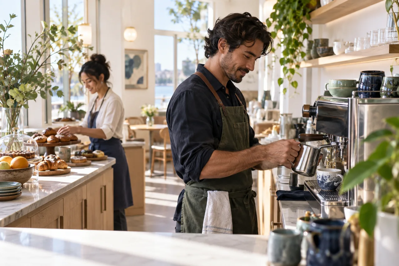 A barista prepares a drink in a bright cafe, illustrating how CAQA Omnisight helps hospitality businesses.