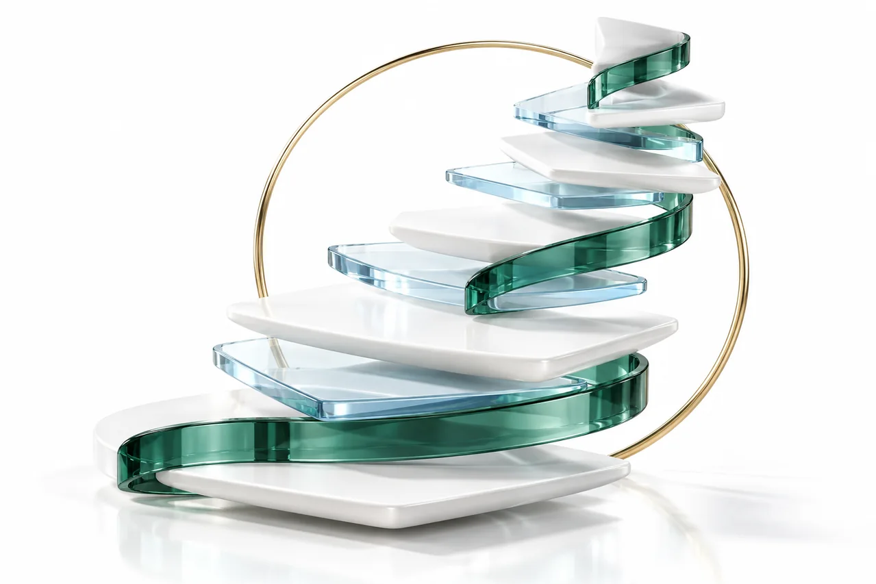 A sculptural white staircase surrounded by transparent panels