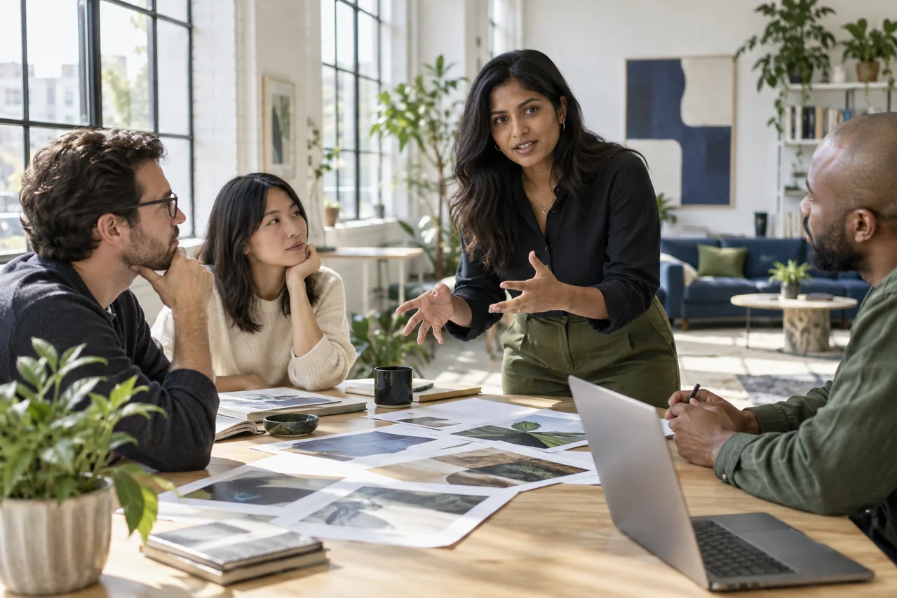 A diverse team collaborates around a table during a design review, showcasing CAQA Omnisight’s approach to content strategy.