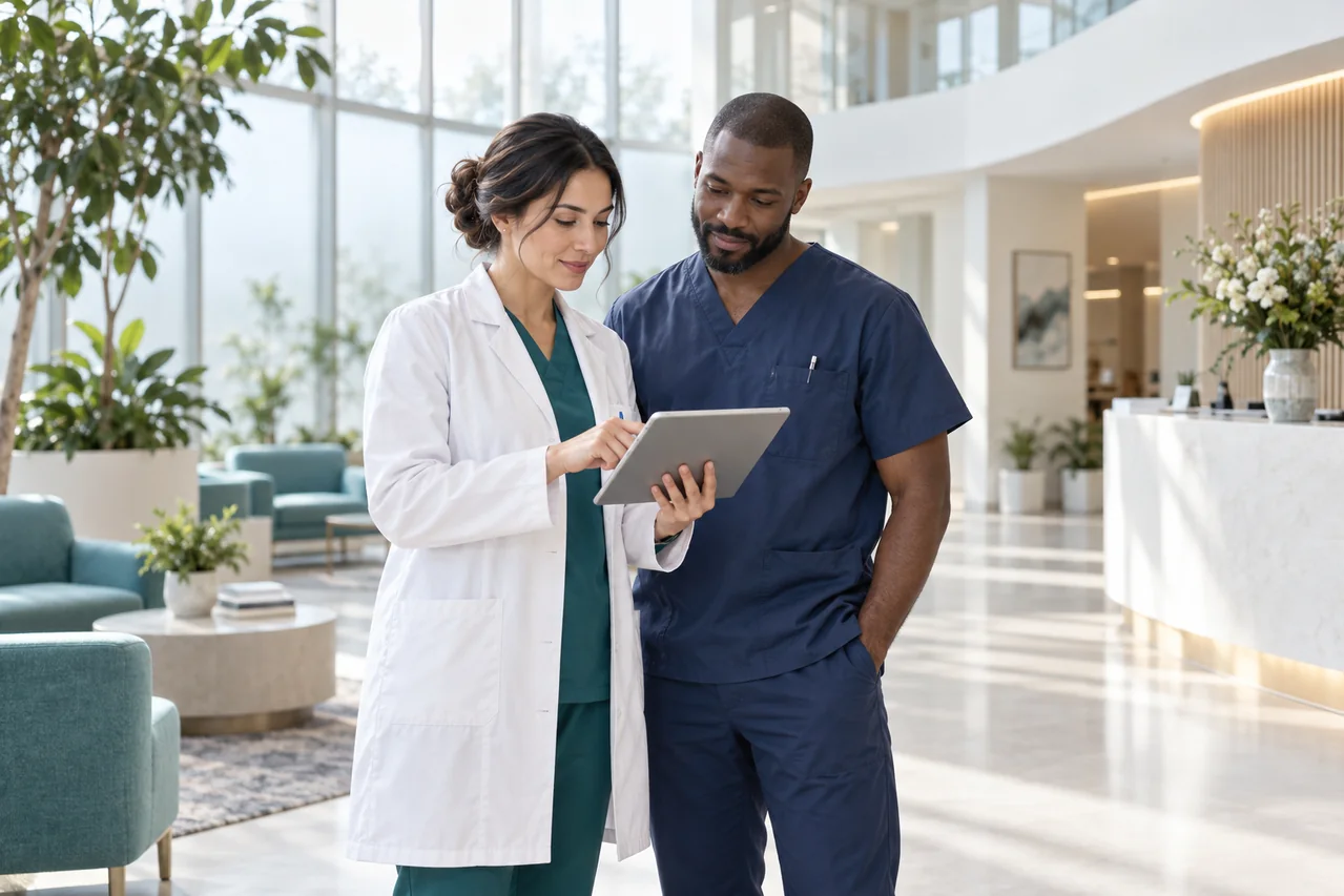 Two healthcare professionals review patient data on a tablet, demonstrating how our seo platform can help reach key.