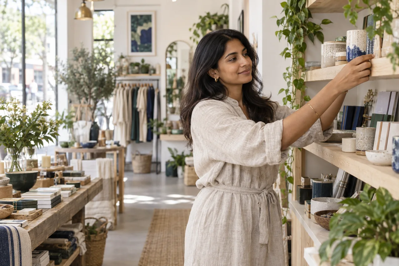 A woman arranges merchandise on a shelf inside a bright retail store, showcasing how CAQA Omnisight can help improve search.